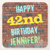 レンガ壁グラフィティインスパイア42番目の誕生日+名前 スクエアペーパーコースター (正面)