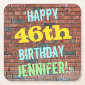 レンガ壁グラフィティインスパイア46誕生日+名前 スクエアペーパーコースター (正面)