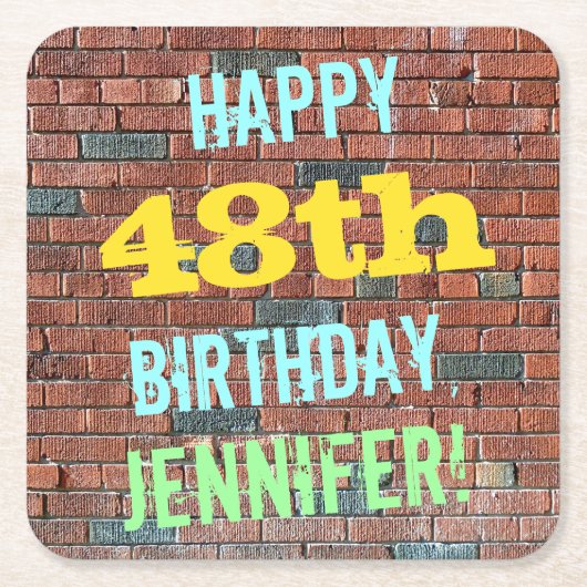 レンガ壁グラフィティインスパイア48誕生日+名前 スクエアペーパーコースター (正面)