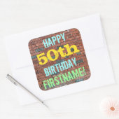 レンガ壁グラフィティインスパイア50誕生日+名前 スクエアシール (封筒)