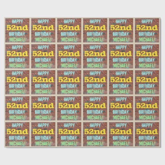 レンガ壁グラフィティインスパイア52番目の誕生日+名前 ラッピングペーパー (フラット)