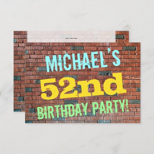 レンガ壁グラフィティインスパイア52番目の誕生日+名前 招待状 (正面/裏面)