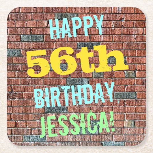 レンガ壁グラフィティインスパイア56誕生日+名前 スクエアペーパーコースター (正面)