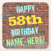レンガ壁グラフィティインスパイア58誕生日+名前 スクエアペーパーコースター (正面)