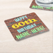 レンガ壁グラフィティインスパイア60誕生日+名前 スクエアペーパーコースター (アングル)