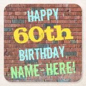 レンガ壁グラフィティインスパイア60誕生日+名前 スクエアペーパーコースター (正面)