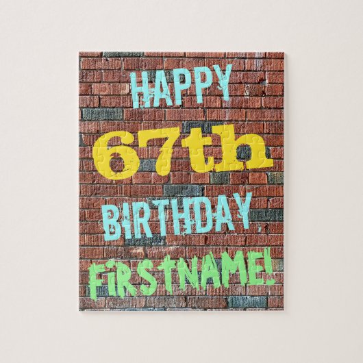 レンガ壁グラフィティインスパイア67誕生日+名前 ジグソーパズル (縦)