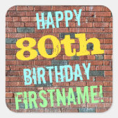 レンガ壁グラフィティインスパイア80誕生日+名前 スクエアシール (正面)