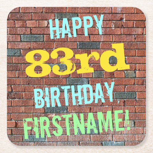レンガ壁グラフィティインスパイア83誕生日+名前 スクエアペーパーコースター (正面)