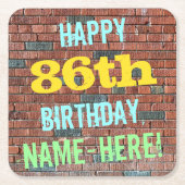 レンガ壁グラフィティインスパイア86誕生日+名前 スクエアペーパーコースター (正面)