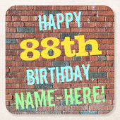 レンガ壁グラフィティインスパイア88誕生日+名前 スクエアペーパーコースター (正面)