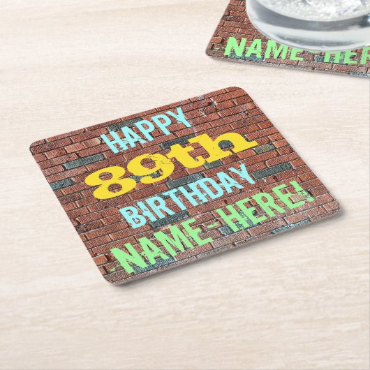 レンガ壁グラフィティインスパイア89誕生日+名前 スクエアペーパーコースター (アングル)