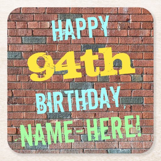 レンガ壁グラフィティインスパイア94誕生日+名前 スクエアペーパーコースター (正面)