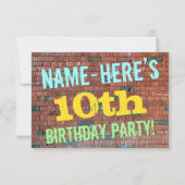 レンガ壁グラフィティ刺激を受けた10番目の誕生日+名前 招待状 (正面)