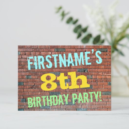 レンガ壁グラフィティ刺激を受けた8番目の誕生日+名前 招待状 (スタンド正面)
