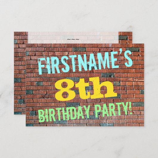 レンガ壁グラフィティ刺激を受けた8番目の誕生日+名前 招待状 (正面/裏面)