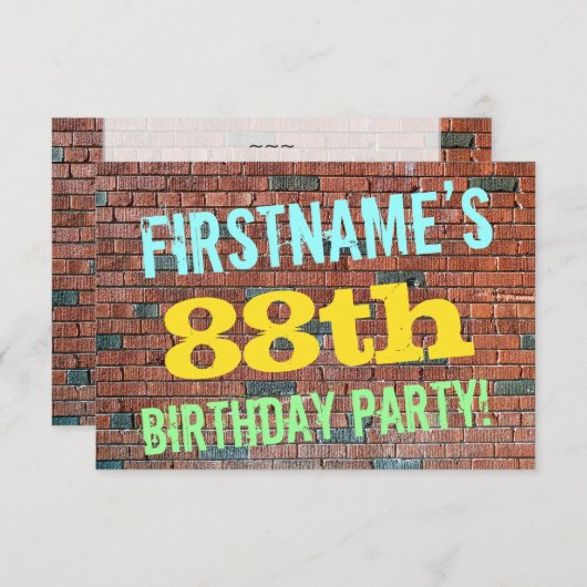 レンガ壁グラフィティ刺激を受けた88番目の誕生日+名前 招待状 (正面/裏面)