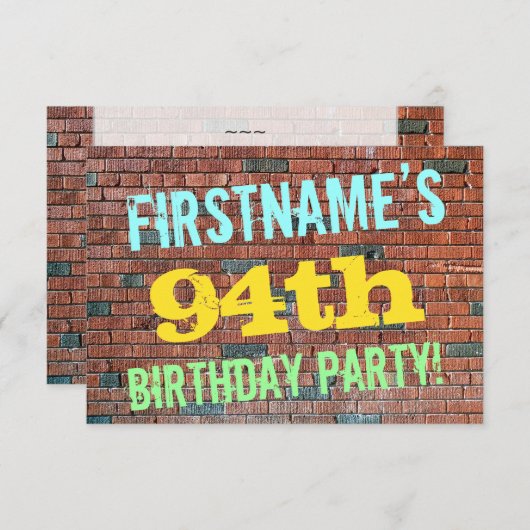 レンガ壁グラフィティ刺激を受けた94番目の誕生日+名前 招待状 (正面/裏面)