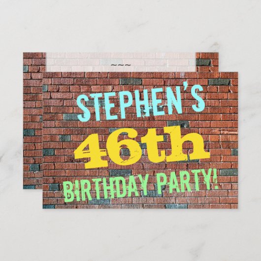 レンガ壁グラフィ刺激を受けたティ46番目の誕生日+名前 招待状 (正面/裏面)