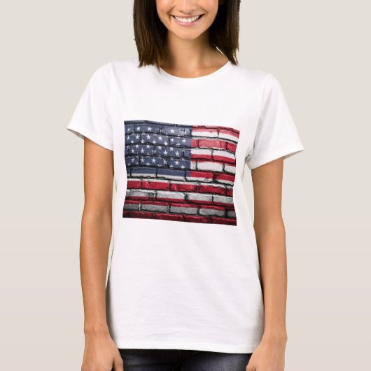 レンガ絵画壁のアメリカ国旗 Tシャツ (正面)