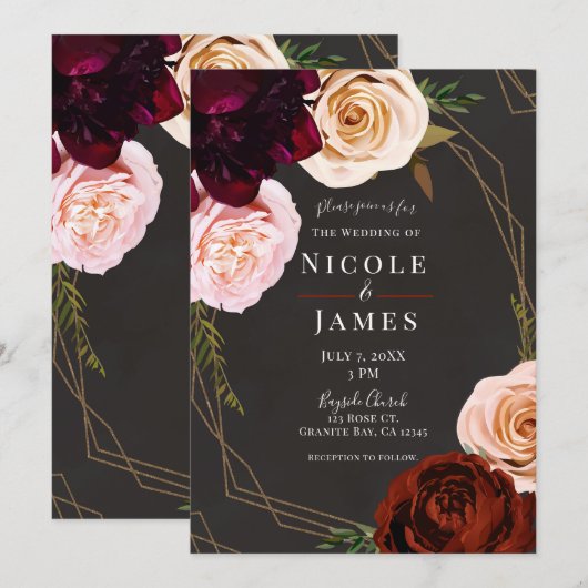 レンガ色とゴールドのモダン ダーク フラワー ウェディング 招待状 (正面/裏面)