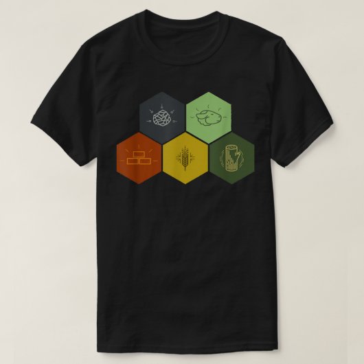 レンガ、木材、岩石、小麦、羊 板ゲーム Tシャツ (デザイン正面)
