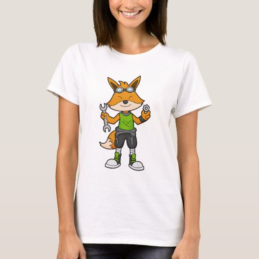レンチとナットを持つ整備士のキツネ Tシャツ (正面)