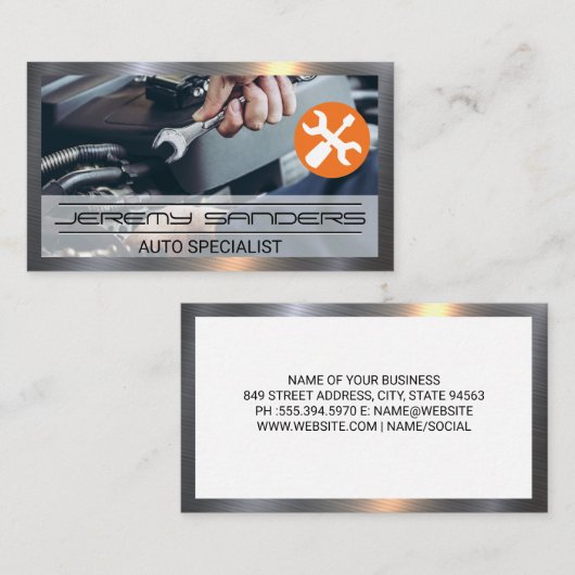 レンチを使用した整備士 |自動サービス 名刺 (正面/裏面)