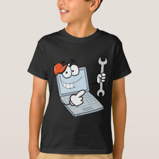 レンチを握るラップトップのマンガのキャラクタ Tシャツ
