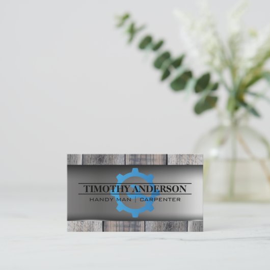 レンチギアロゴ | メタル木材の背景 名刺 (スタンド正面)