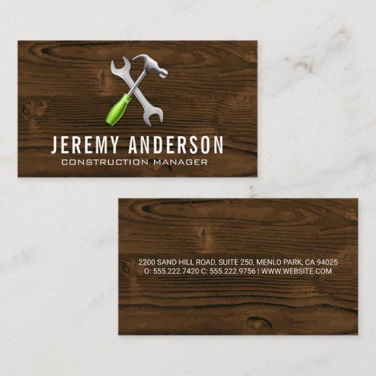 レンチ・ハンマー・ツール | 木目の背景 名刺 (正面/裏面)