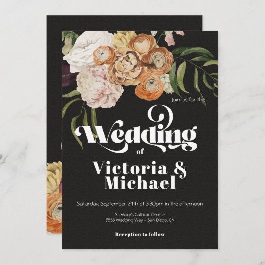 レンブラントオータム秋フローラダーク&ムーディ結婚ーズ 招待状 (正面/裏面)