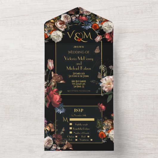 レンブラントダーク&ムーディ結婚ーフローライニシャル オールインワン招待状 (内側)