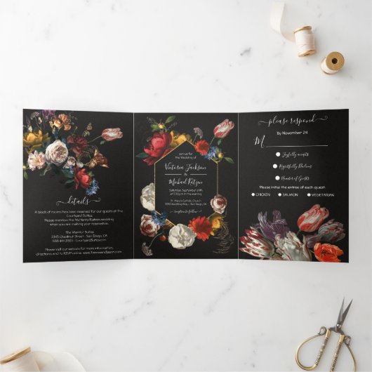 レンブラントフローラダーク&ムーディ結婚ーズ3つ折り請求書 三つ折り招待状 (内部)