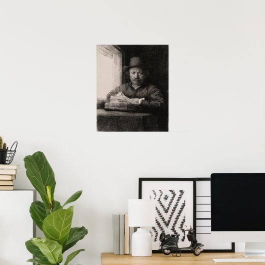 レンブラント – セルフポートレートスケッチアットウィンドウ ポスター (ホームオフィス)