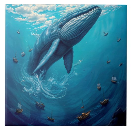 レヴィアタンの自由への飛翔 - 超現実的なクジラのアート タイル (正面)