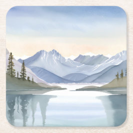 レークタホ | 水彩画の山の風景 スクエアペーパーコースター