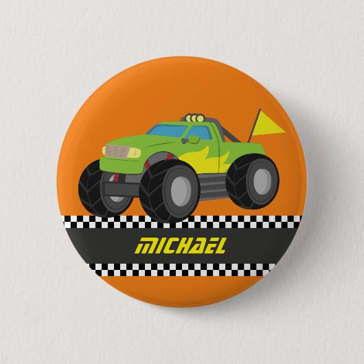 レーサーの男の子のためのクールな競争の緑のモンスタートラック 缶バッジ (正面)