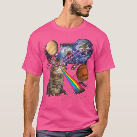 レーザおもしろい付き猫およびレインボー銀河系宇宙 Tシャツ (正面)