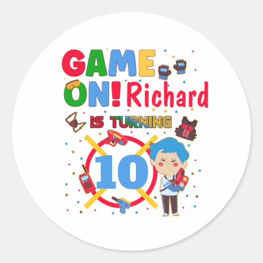 レーザラベルゲーム誕生日少年パーティー ラウンドシール (正面)