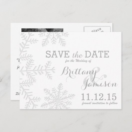 レーザーでカットされた銀の雪片の冬の日付を保存 案内ポストカード (正面/裏面)