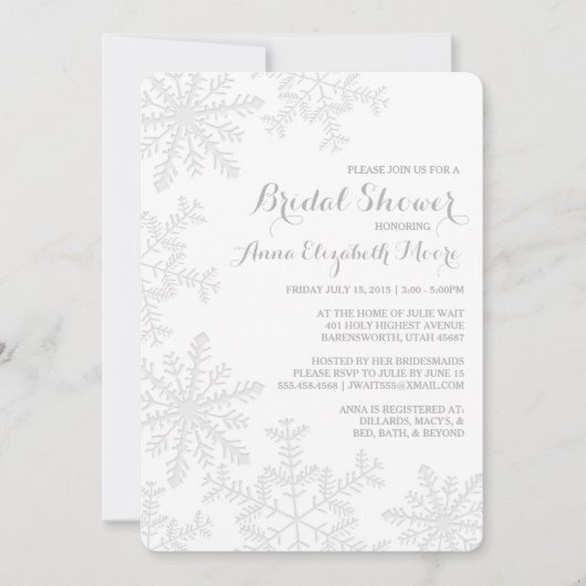レーザーの切口の銀の雪片の冬のブライダルシャワー 招待状 (正面)