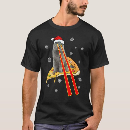 レーザーアイのネコ 楽しいピザネコ クリスマス Tシャツ (正面)