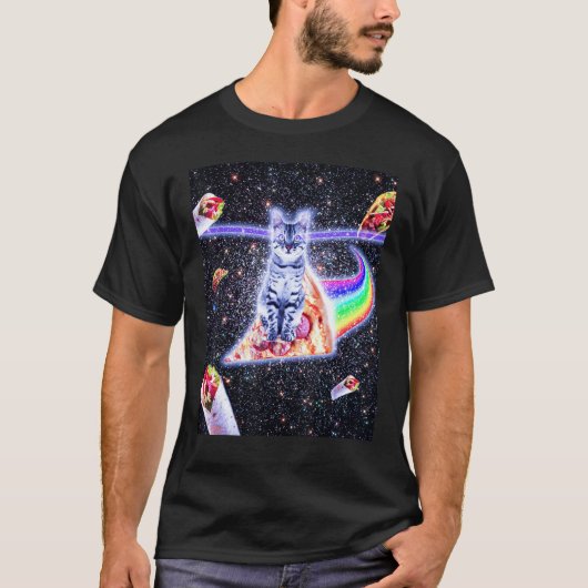 レーザーアイズ宇宙キャットライディングレインボーピザ Tシャツ (正面)