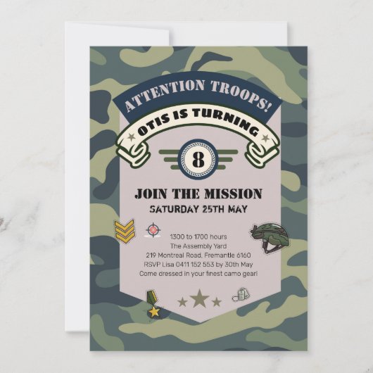 レーザーアーミーパーティの招待状カモフラージペイントボール 招待状 (正面)