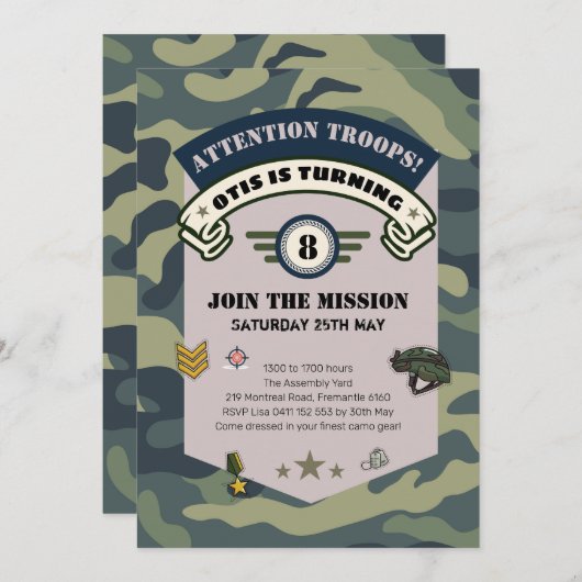 レーザーアーミーパーティの招待状カモフラージペイントボール 招待状 (正面/裏面)