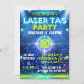 レーザータグ 青 緑 ネオン グロー 男の子 誕生日パーティー 招待状 (正面)