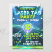 レーザータグ 青 緑 ネオン グロー 男の子 誕生日パーティー 招待状 (正面)