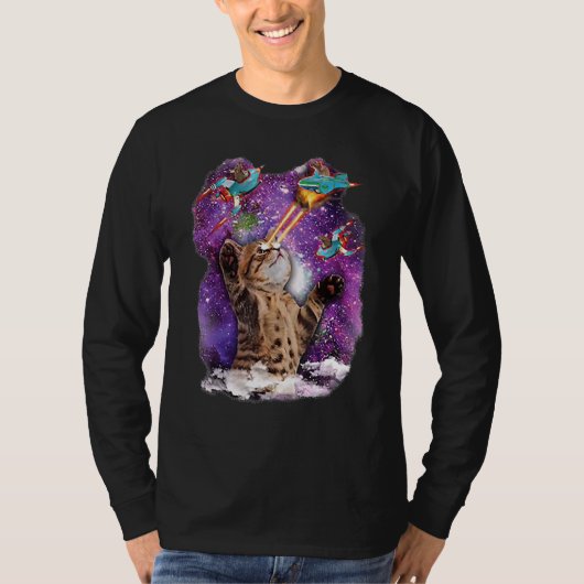 レーザービームアイズ付き可愛いキティ猫銀河系バックグロ Tシャツ (正面)