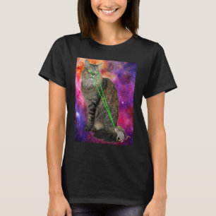 レーザービームアイズ付き可愛いキティ猫銀河系バックグロ Tシャツ